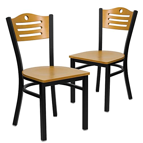 Image of Flash Furniture 2 Pack HERCULES Series Black Slat Back Metal Restaurant Chair - Natural Wood Back & Seat