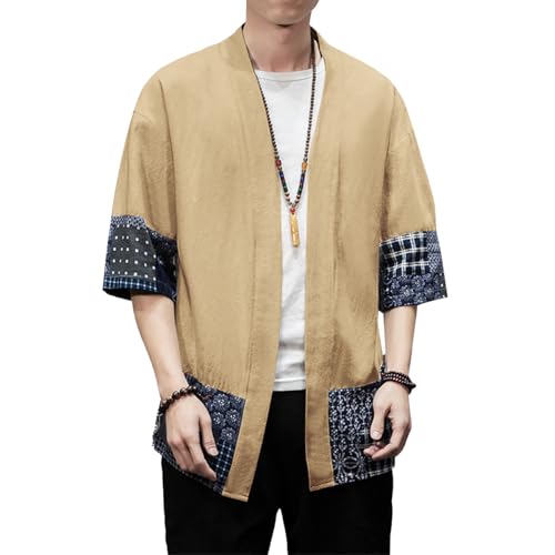 Image of PRIJOUHE Men's Kimono Jackets Cardigan Lightweight Casual Cotton Blends Linen Seven Sleeves Open Front Coat Outwear