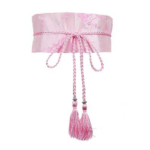 Chinese Han Dynasty Hanfu Clothing Waistband with Tassels Wide Tie Belt with Chinese Ink Painting Flower Pattern