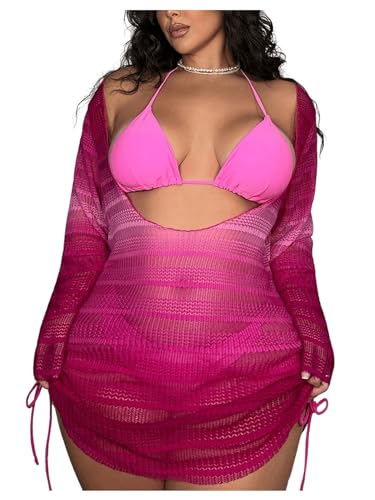 MakeMeChic Women's Plus Size Cover Up Dress Sheer Long Sleeve Drawstring Beach Mini Dresses Hot Pink Large Plus