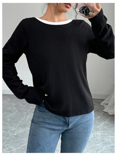 GORGLITTER Women's Bow Open Back T Shirt Backless Long Sleeve Colorblock Crewneck Fall Trendy Going Out Tee Tops4