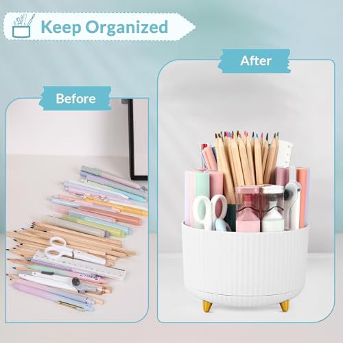 Image of SKYDUE 360 Degree Rotating Desk Organizer, Dual-Purpose Pencil Pen Holder for Desk, Rotating Desk Pen Organizer with 5 Slots, Pencil Cup for Office, School, Home (White)