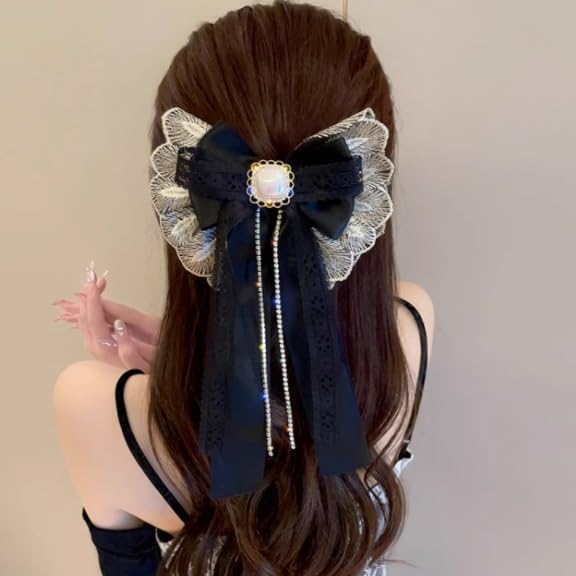 Temperament lace hair clips female super fairy long ribbon spring clip back of the accessories