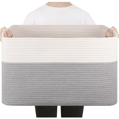 SIXDOVE 75L Large Blanket Basket, Toy Basket Bin for Kids, Cotton Rope Woven Storage Basket for Living Room, Bedroom, Nursery, Baby Room Decorative Organizer, 22''×17''×12'', Grey and White Cover