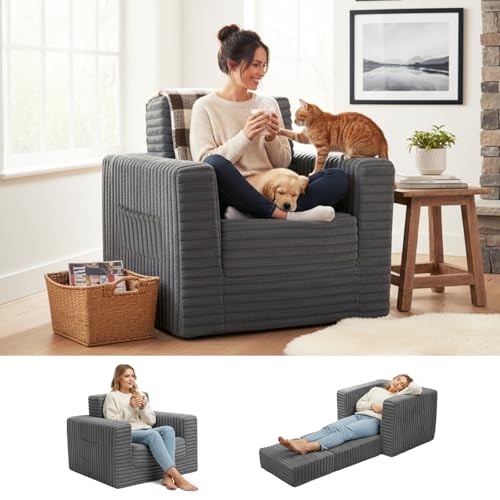 Welnow Folding Sofa Bed with Ottoman, Convertible 2-in-1 Boneless Couch