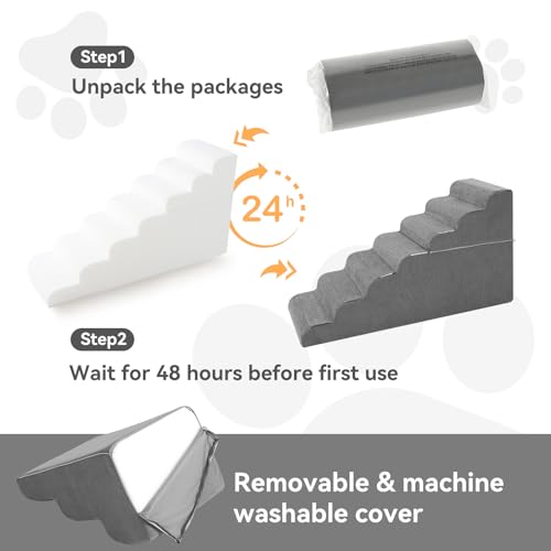 Image of ABORON 7-Step Dog Stairs for High Beds, 29.5 in Tall Pet Steps | Wide 17.7 in steps use reinforced PE support boards, high-density foam, a non-slip base and removable washable cover.