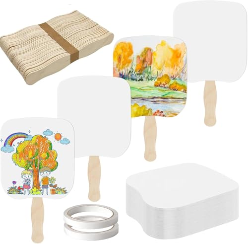 LOTMER 75 Pcs Church Fans Handheld Set 50 Blank Cardstock Paper Fans with 25 Wavy Wooden Sticks Paper Fan Handheld for DIY Painting Custom Fans (25 Sets)