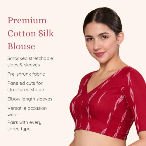 Image of Studio Shringaar Women Cotton Ikat Stretchable (Smocked) Readymade Elbow Length Sleeve Saree Blouse