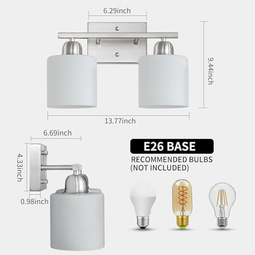 Image of Brushed Nickel Bathroom Light, Anti-Rust Finish 2 Light Bathroom Vanity Light Brushed Nickel, Milky White Frosted Glass Shades, E26 Socket