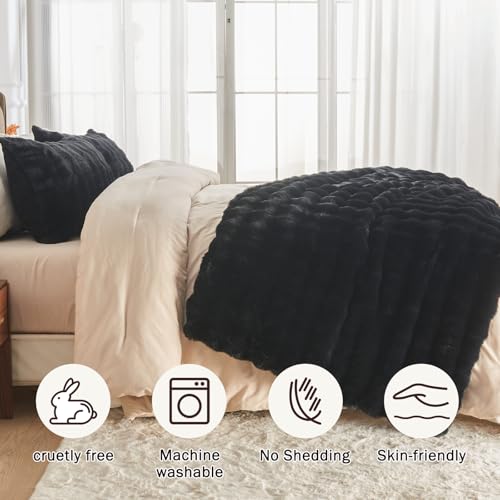 Image of EMME Faux Fur Blanket Twin Size Black - Big Bubble Rabbit Cozy Blanket for Couch, Thick Furry Plush Shaggy Blankets, 650GSM, 60x80 Inches