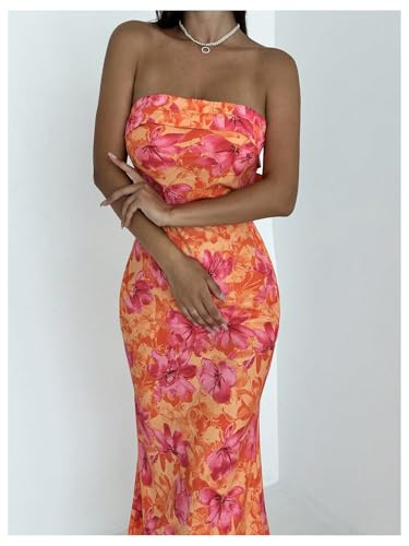 Image of GORGLITTER Women's Floral Dress Strapless Tube Open Back Bodycon Boho Summer Wedding Guest Vacation Beach Maxi Dresses