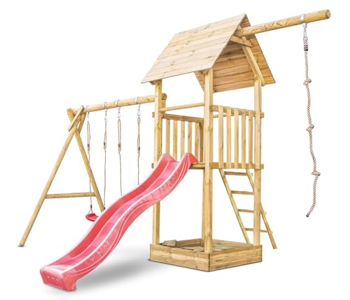 Wood&Play Harry Spielturm mit Doppelschaukel und Kletterseil - Holzspielzeug für draußen, Holzspielgeräte für den Garten, einfach zu montieren, 297 x 343 cm