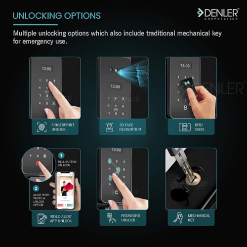 Image of Denler FLv8 9-in-1 Smart Door Lock | Alexa Voice Unlock | 3D Face ID | RF Remote | Fingerprint | IP65 Waterproof | Wi-Fi App | Card | PIN | Key | 3 Year Warranty (Black Matt Heavy)