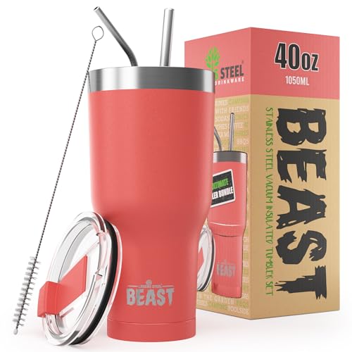 Image of BEAST 40oz Coral Tumbler - Stainless Steel Insulated Coffee Cup with Lid, 2 Straws, Brush & Gift Box by Greens Steel