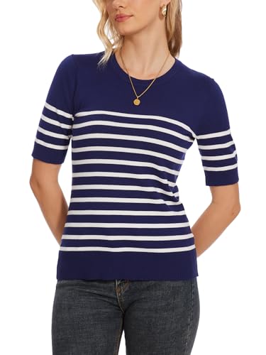Image of Spicy Sandia Women's Short Sleeve Sweater Casual Knit Pullover Top for Summer Lightweight Blue and White Striped 2XL