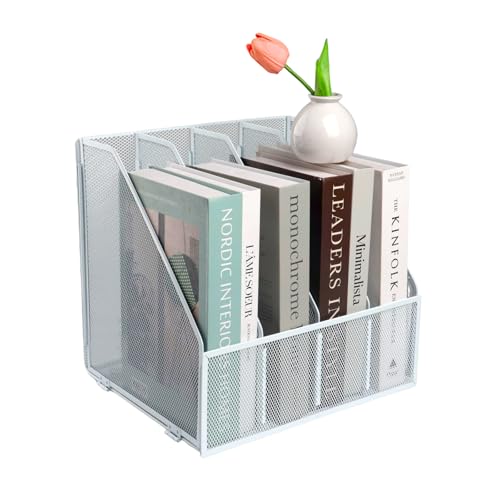 EasyOFC Porte-revues A4 en maille métallique, 4 sections, organiseur de documents de bureau, support de rangement de fichiers de bureau, blanc