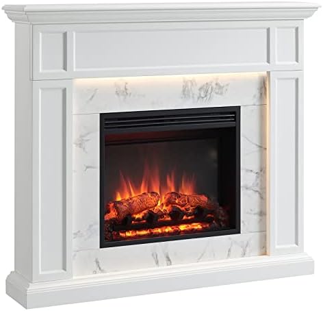 LegendFlame Fireplace Suite Sheraton, 48 Inch Mantel Surround, Cream White with Snow White Marble Pattern Finish, with 23 Inch Electric Fireplace Insert, 750W/1500W, Mood Light, Remote Control - Thumbnail 2
