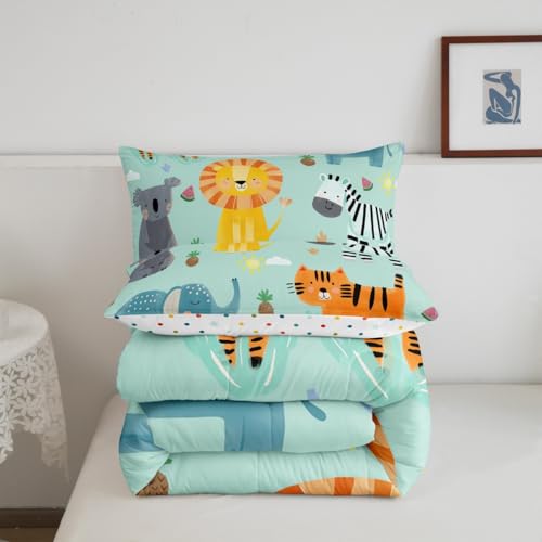 Image of Feelyou Kids Cute Zoo Animal Comforter Set Twin Size, Cartoon Lions Bedding Set Zebra Elephant Comforter for Boys Girls Kawaii Duvet Insert with 1 Pillow Case