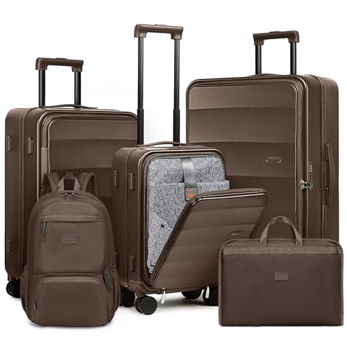 Image of Joyway Luggage Set 5 Piece Top Opening Suitcase Set with Spinner Wheel and TSA Lock, PC Hard Shell Carry on Luggage with Front Pocket, Suitcase with Backpack and Foldable Storage Bag (Coffee)