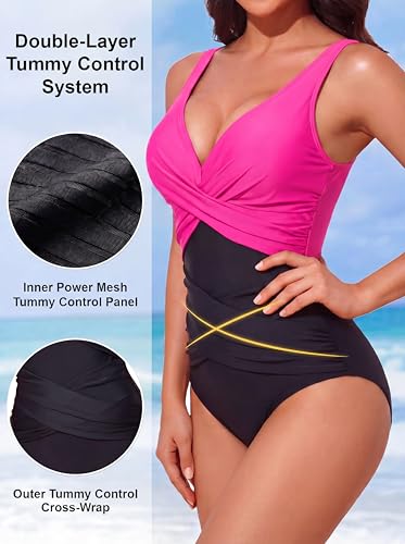 Image of Smismivo Tummy Control Swimsuits for Women Slimming One Piece Bathing Suit Retro Ruched Push Up Vintage Padded Swimwear