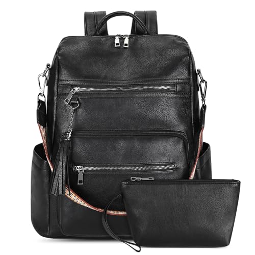 Sheonie Rucksack Damen Groß mit Geldbörse,Veganes Leder Rucksackhandtasche Diebstahlsicher,Wasserdicht Tagesrucksack Damen Elegant Umhängetasche für Uni Büro Reise Pendeln Arbeit, Schwarz-L