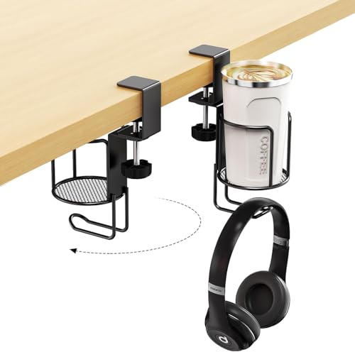 Desk Cup Holder with Headphone Hanger Holder, Anti-Spill Clip-On Table Cup Hook with 360° Rotation for Lawn Chair, Office Home Gaming Table (1 Pack)
