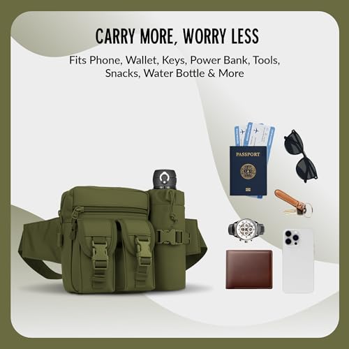 Image of CARRY TRIP Tactical Camping Waist Pack - Oxford Fabric Hip Belt Bag Pouch with Detachable Water Bottle Holder - Utility Sling Bag for Trekking, Cycling, Travel & Outdoor Use (Green)