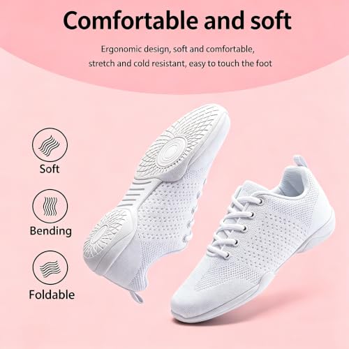 Image of Youth Cheer Shoes Girls White Cheerleading Shoes Dance Athletic Training Breathable Fabric Dancing Lightweight Competition Comfortable Sport Kids Girls Cheer Sneakers