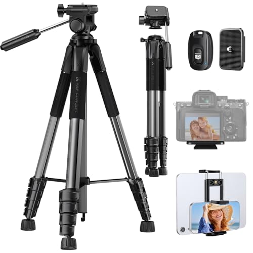 K&F CONCEPT Trépied Appareil Photo pour Smartphone 190cm, S255A3+BV01 Trépied Caméra avec Clip de Téléphone, pour DSLR Nikon Canon Sony, iPhone, Tête Pan Amovible, Télécommande Bluetooth
