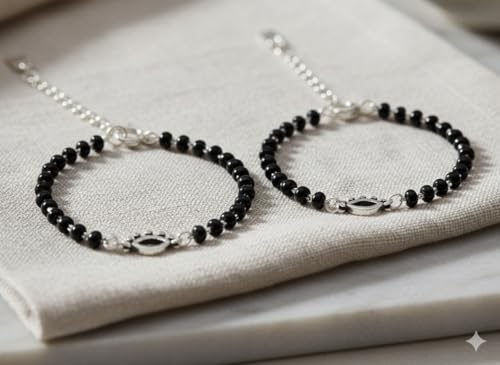 Image of Parnika (Formerly MJ 925 Traditional Silver & Black Crystals Baby Nazariya Kids Silver Bracelet in Pure 92.5 Sterling Silver for Kids - One pair