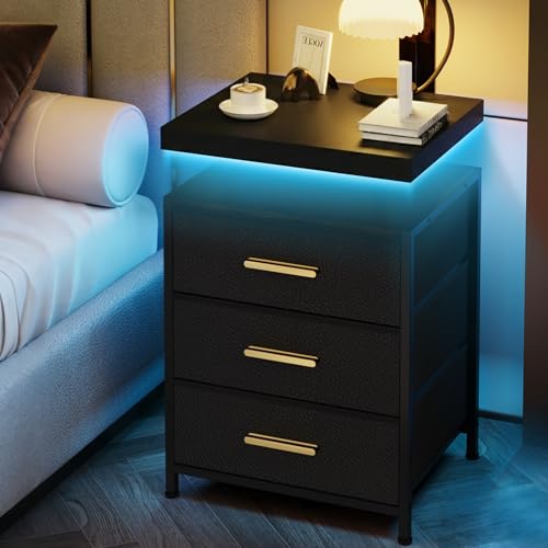 DreamDashio Night Stand with APP Control LED Lights, 3 Fabric Storage Drawers with PU Finish,...