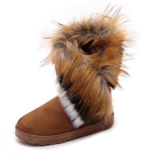 HINDOLA Warm Fur Boots for Women Winter Faux Fur Tassel Shoes Plush Snow Boots Ankle Booties Faux Suede Boots Anti Slip Outdoor Indoor Flat Shoes