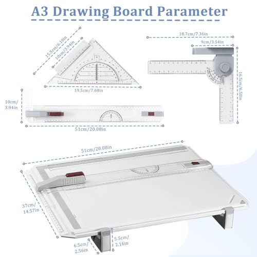 Zeichenbrett 51 x 37 cm, Zeichenplatte DIN A3, Multifunktionales Technisches Zeichnen mit Parallelbewegung und Verstellbarem Winkel, Zubehör für Architekten Ingenieure Lehrer Inklusive Tragetasche