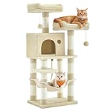 Feandrea Arbre à Chat Hauteur 112 cm, Tour de Jeux pour Chat, avec 11 Poteaux à Griffer, 2 Plateformes, 1 Niche, 1 Hamac, 2 Pompons, en Tissu Peluche, Plusieurs Niveaux, Beige PCT215M01