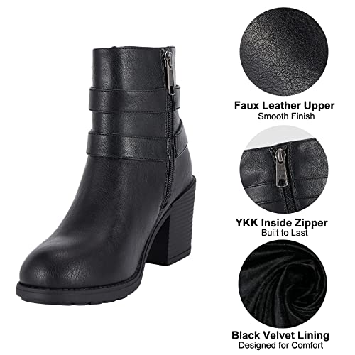 Dream Apparel Women's Chunky Heel Faux Leather Ankle Boots Booties with Side Zipper, Waterproof Black PU Leather Double Buckle Strap Ankle Shoes, Round Toe Mid Heel Short Boots4