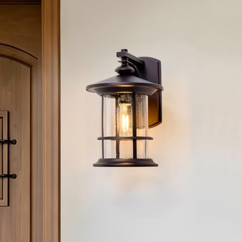 Image of MICSIU 12.5 inch Height Large Farmhouse Bronze Outdoor Wall Light, Max 100W | 8 inch Wide Rustic Exterior Fixture with Clear Seedy Glass, Weatherproof Porch Light for Front Door, Garage, Gate, Patio, Deck