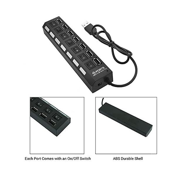 Zwbfu 7 Anschlüsse USB 2.0-Hub Ultra Slim Portable Data Hub Individuelle LED-beleuchtete Netzschalter USB 2.0-Splitter… – Bild 6