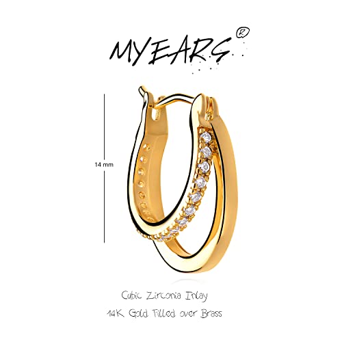 Myears Women Double Hoop Earrings Gold Diamond Cubic Zirconia 14K Gold Filled Small Simple Handmade Hypoallergenic Everyday Illusion Jewelry #TOP3
