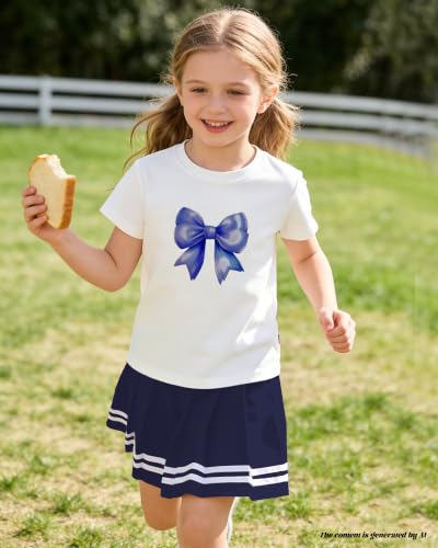 Image of Betusline Girls Skirt Set JK School Uniform 2-Piece Outfit - Short Sleeve & Webbing Solid Skirt,Bow Navy Blue,4-5T = Tag 120