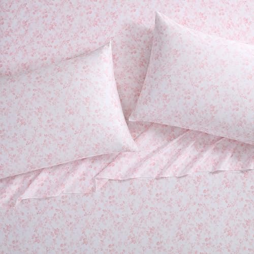 Image of Laura Ashley - Queen Size Sheet Set, Soft Cotton Sateen Bedding with Matching Pillowcases, Fully Elastic Fitted Sheet, Deep Pocket, Floral Room Decor, Silky Smooth All-Season Comfort (Bella Pink)