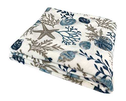 Coastal Ocean Beach Throw Blanket: Soft Plush Velvet Fleece Seashells Hues of Blue Grey on White Accent for Couch or Bed, Colored: Blue Gray Taupe White - Image 5