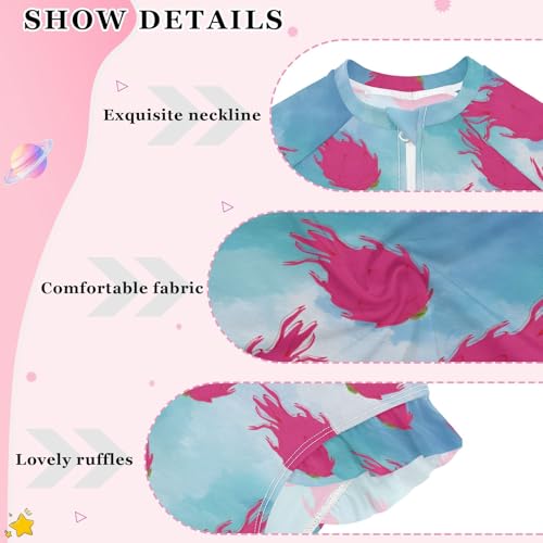 Dragon Fruit Blue Pattern Girls One Piece Rash Guard Swimsuit, Girls Long Sleeve Swimwear for 3-12Y4