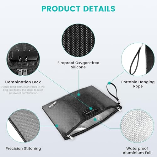 Fireproof Document Bag with Lock, 36 x 25 cm Wallet with Zip, Safe and Waterproof Storage Bag for A4 A5 Documents, Valuable Photos, Cash, Passport, Jewellery (Black)