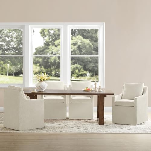 Image of KISLOT Upholstered Dining Chairs Set of 4 with Casters, Light Linen | Modern Rolling Dining Room Arm Chairs with Washable Cover, Hidden Storage Seat, Linen Look Fabric, Padded Kitchen Chairs