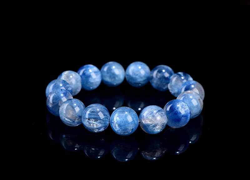 Pulsera de Cuentas Redondas de Cristal de cianita Azul-Verde Natural – Patrón de Flores flotantes, Pulsera elástica de cianita simbiótica de Mina Antigua,16~16.8mm