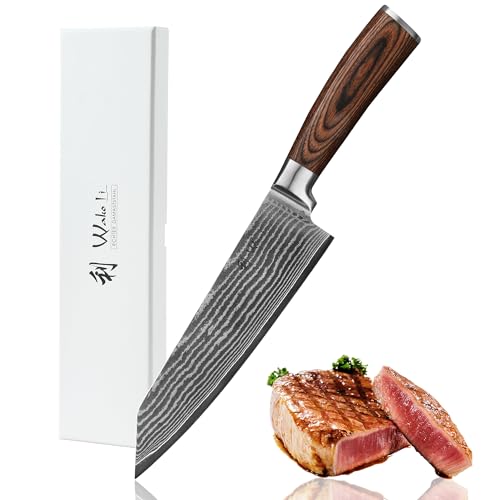 Wakoli EDIB - Coltello da chef Damasco Kiritsuke – Lama affilata da 20,3 cm in vero acciaio damasco con nucleo VG10 e manico ergonomico in legno pakkawood, in confezione regalo