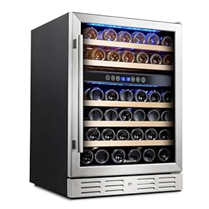 Kalamera 24 inch Wine Cooler, 46 Bottle – Dual Zone Built-in or Freestanding Fridge with Stainless Steel Reversible Glass Door, for Home, Kitchen, or Office.