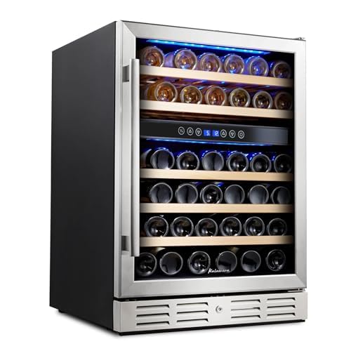Kalamera 24 inch Wine Cooler, 46 Bottle – Dual Zone Built-in or Freestanding Fridge with Stainless Steel Reversible Glass Door, for Home, Kitchen, or Office.