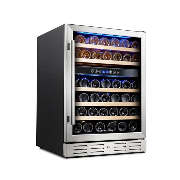 Kalamera 24 inch Wine Cooler, 46 Bottle – Dual Zone Built-in or Freestanding Fridge with Stainless Steel Reversible Glass Door, for Home, Kitchen, or Office.