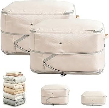Comforter Storage Bag, Large Capacity Blanket Storage Bags 2-Layer Ultra Space Saving Self Compression Organizer, Heavy Duty Space Saver Organizer for Bedding, Clothes, Blanket, 2-Pack, Beige